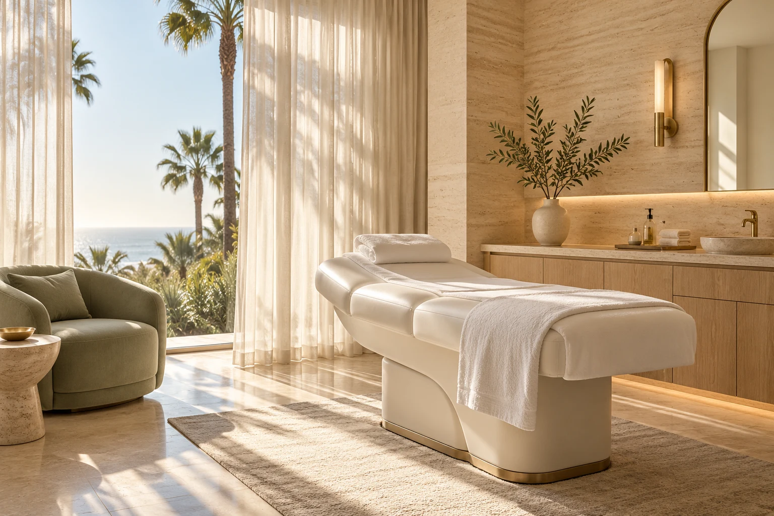 Illustrative sunlit medical spa interior with ivory furnishings and sage accents